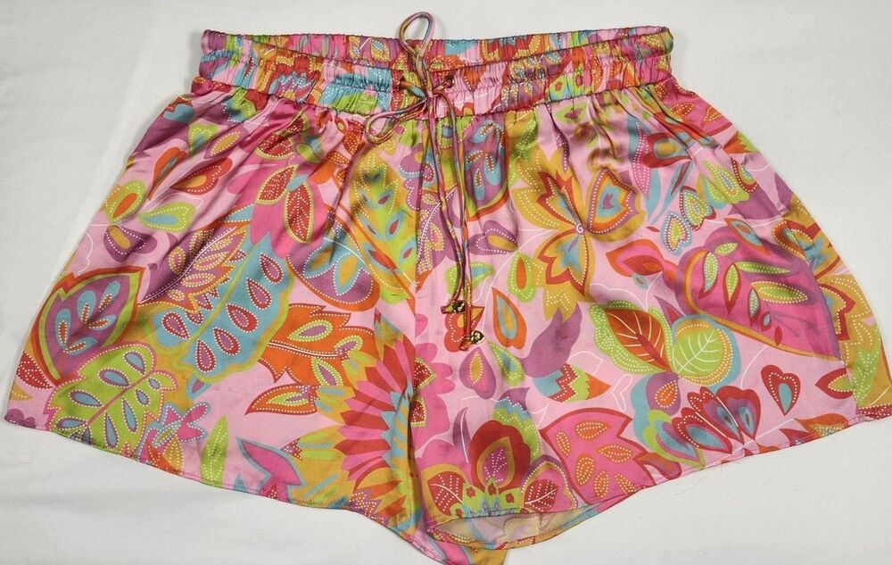 Julie Brown Shorts Womens Large Silky Pink Neon Paisley Boho Heart Charm Tie